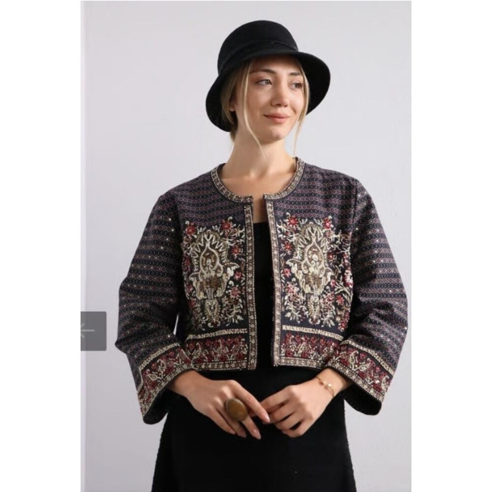 Beaded and Embroidered Cropped Jacket - Black Multicolor